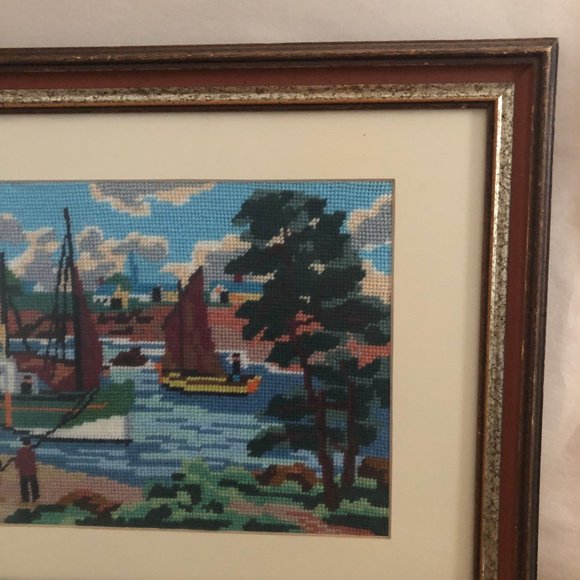 Needlework embroidery yarn art picture boat tree water people landscape - Picture 4 of 7